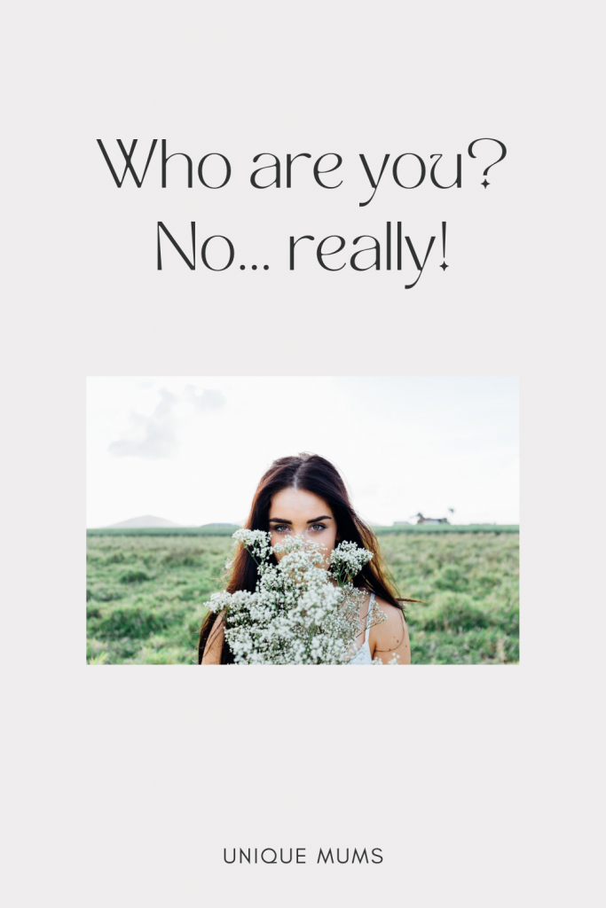 Text: Who are you? No... really?
Picture: woman holding flowers